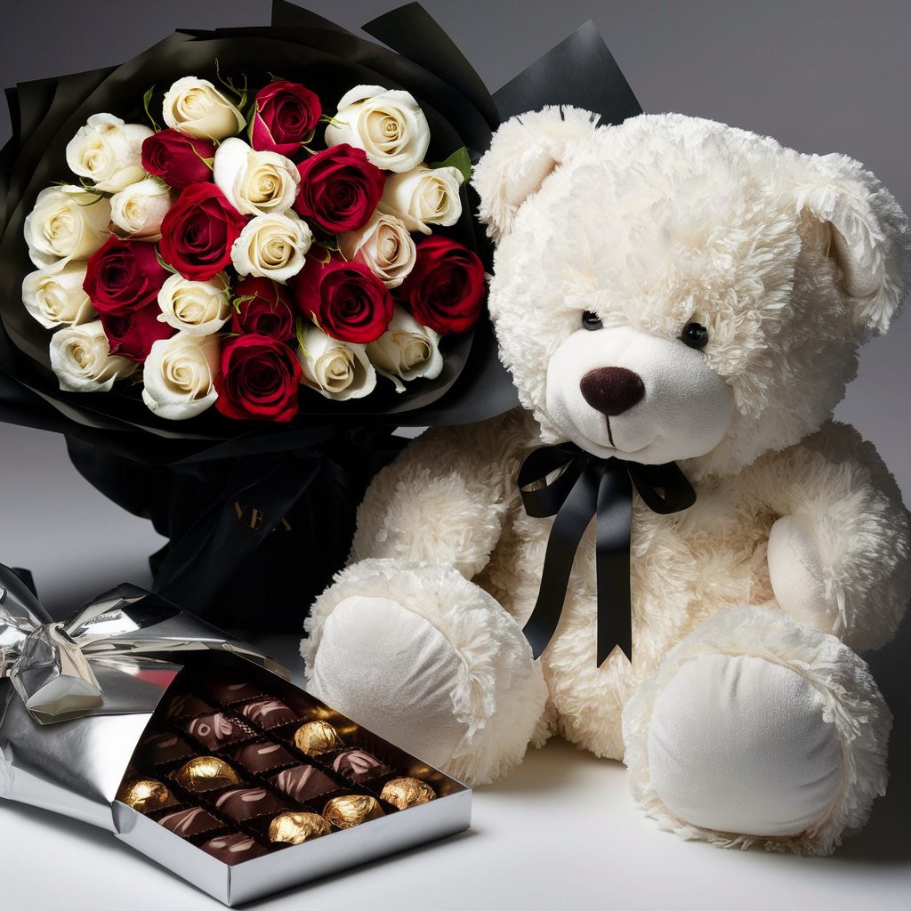 Classic Romance 12 White Red Roses Large Teddy Bear Chocolates