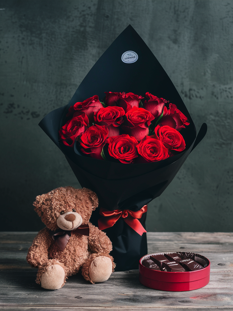 Love's Embrace: 12 Roses, Brown Teddy Bear & Chocolate