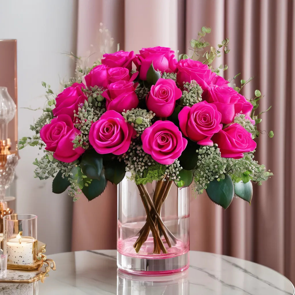 12 Hot Pink Roses in a short Glass Vase