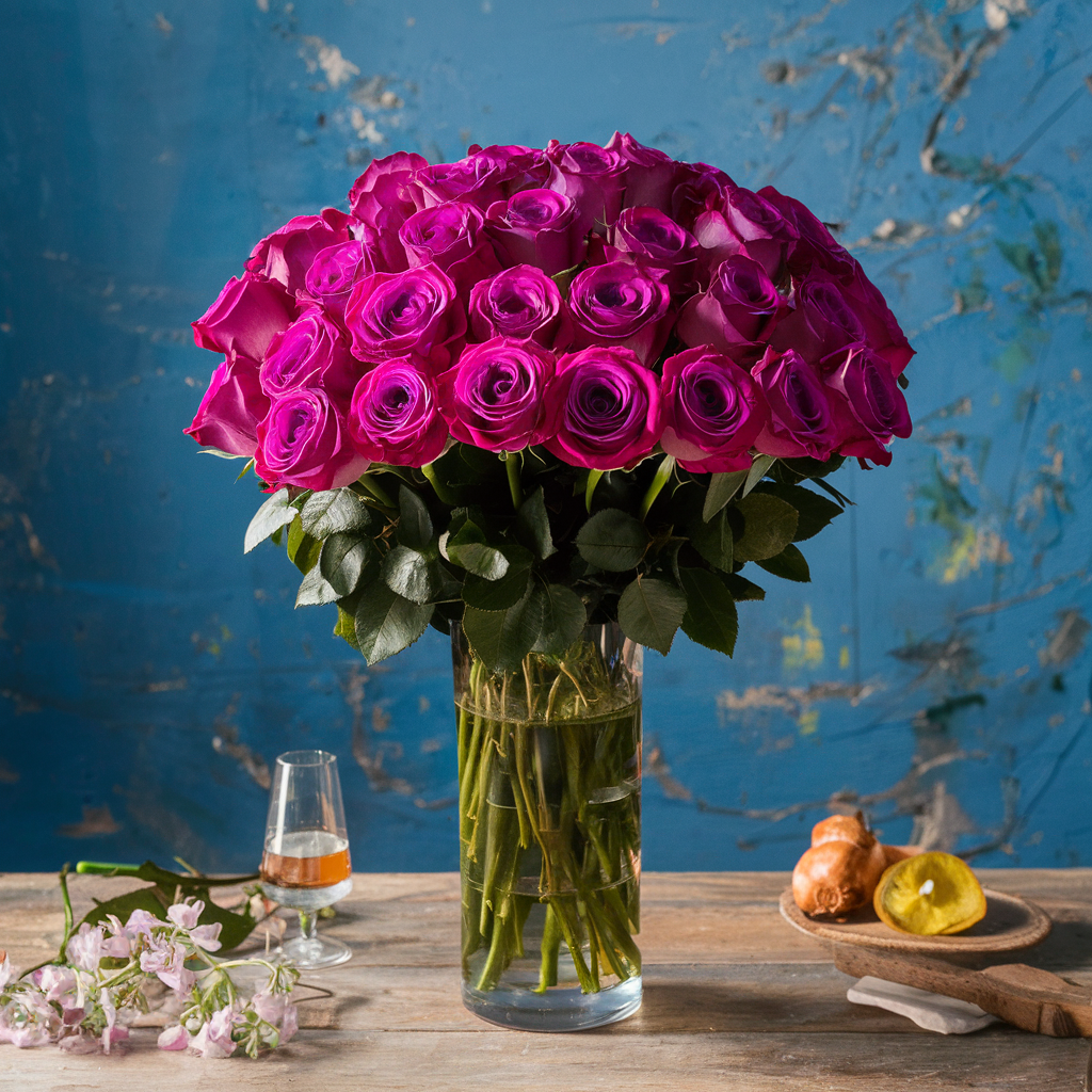 24 Purple Roses in a Glass Vase