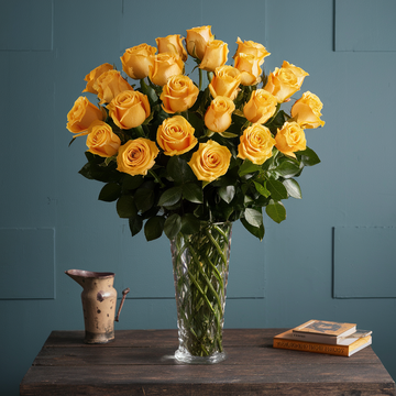 24 Yellow Roses in a Glass Vase