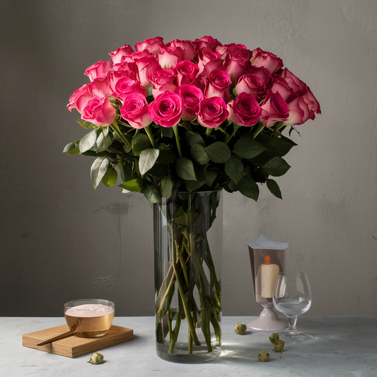 12 Hot Pink Roses in a Cylinder Glass Vase