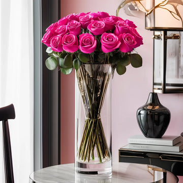 12 Hot Pink Roses in a Cylinder Glass Vase