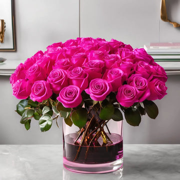 24 Hot Pink Roses in a Short Cylinder Glass Vase