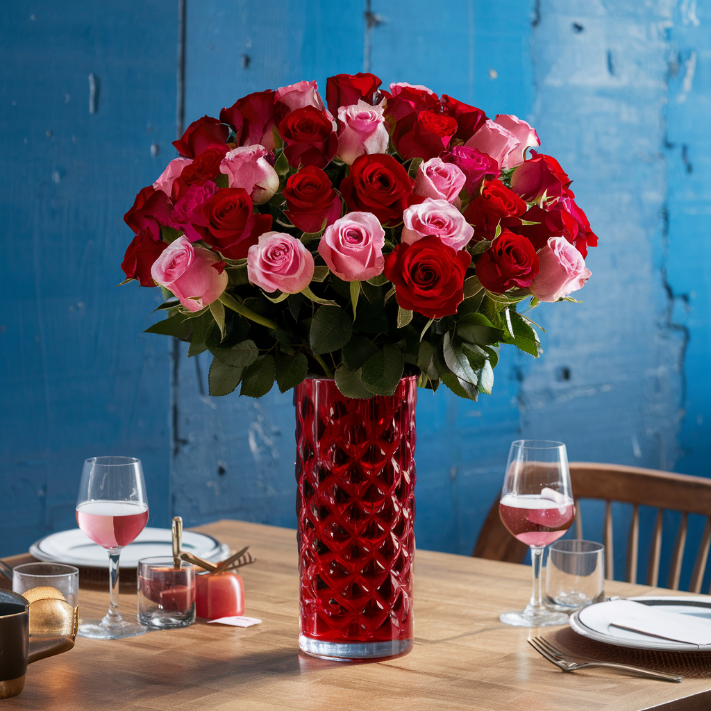 36 Red and Pink Roses in a Glass Vase