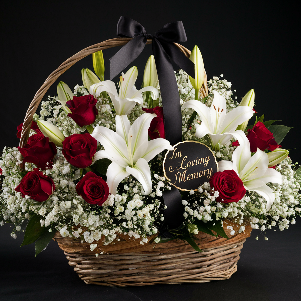 Red Rose and White lilies Sympathy Basket