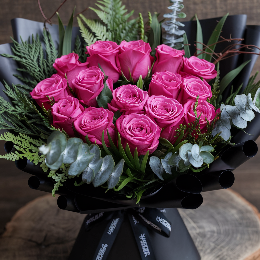 Elegant Blush: 12 Pink Roses Wrapped in Black