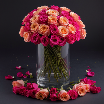 24 Orange and Pink Roses in a Glass Vase