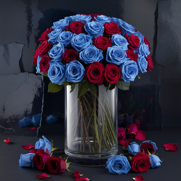 36 Premium Blue and Red Roses in a tall Glass Vase