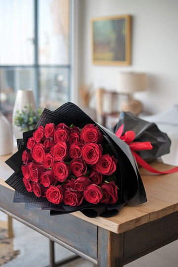 24 Premium Red Roses Wrapped in Black