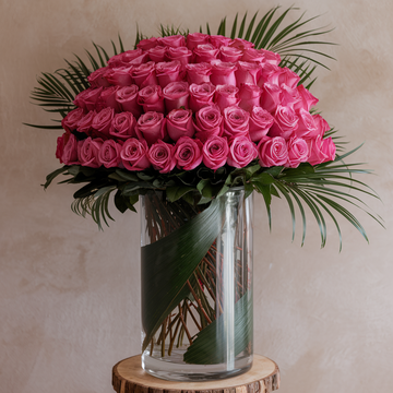 36 Premium Pink Roses in a tall Glass Vase