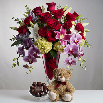 Radiant Elegance Vase + Chocolate + Teddy Bear