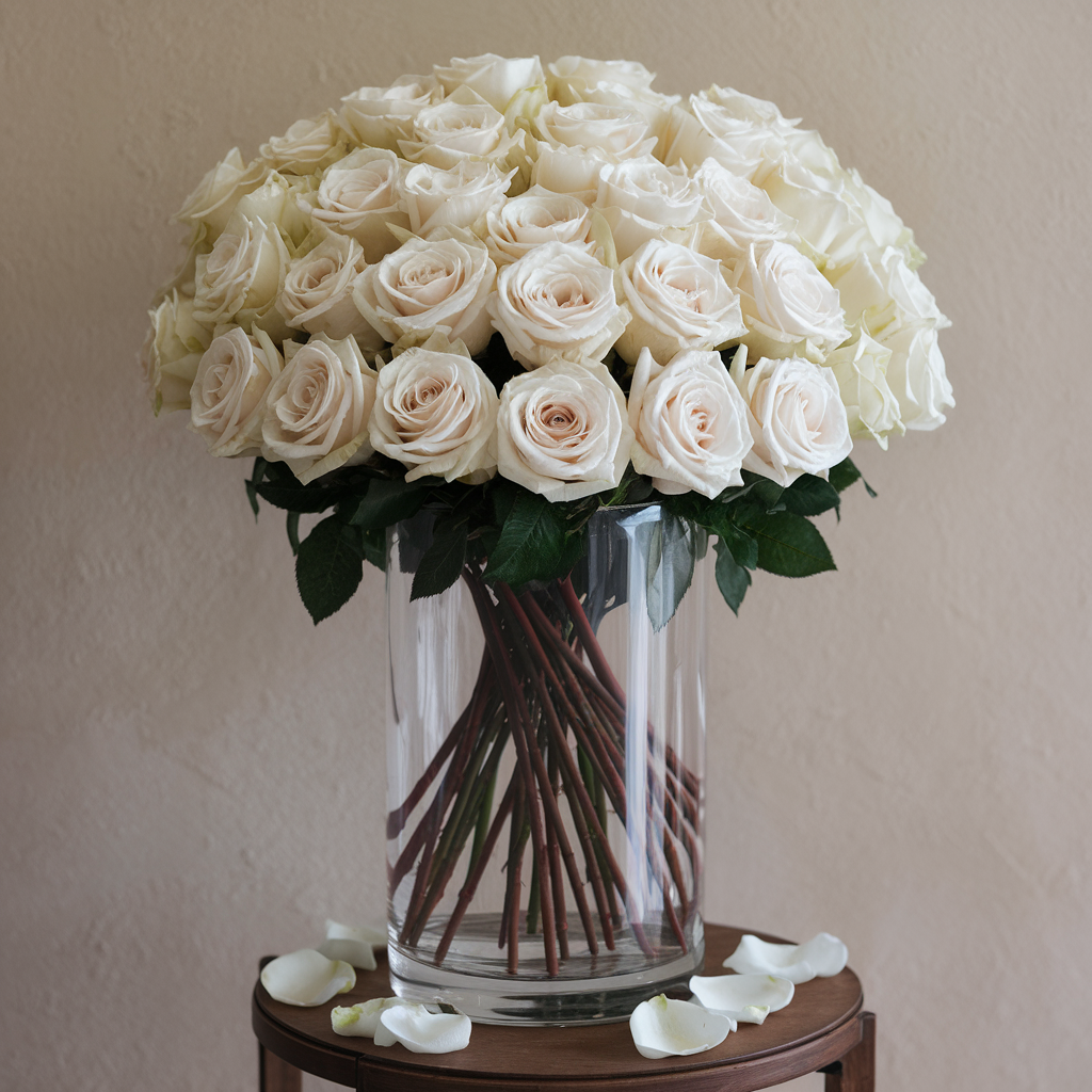 24 White Roses in a Glass Vase