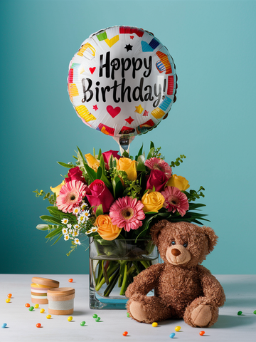 Birthday Cube of Joy + Balloon + Teddy Bear