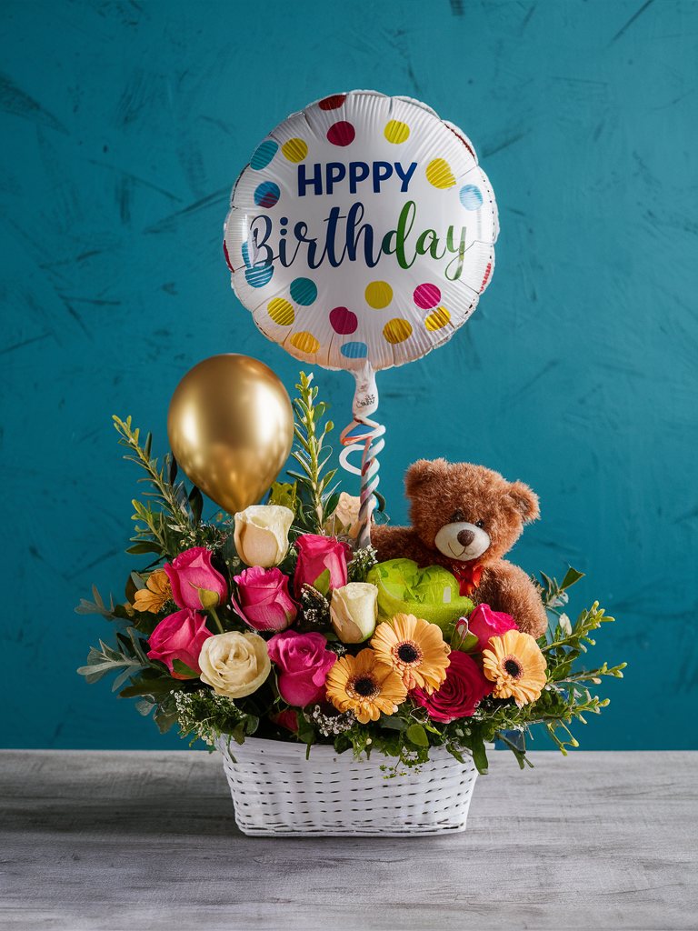 Birthday Bloom Extravaganza + Balloon + Teddy Bear