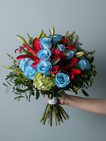 Blue and Red Seasonal Premium Blooms Bouquet