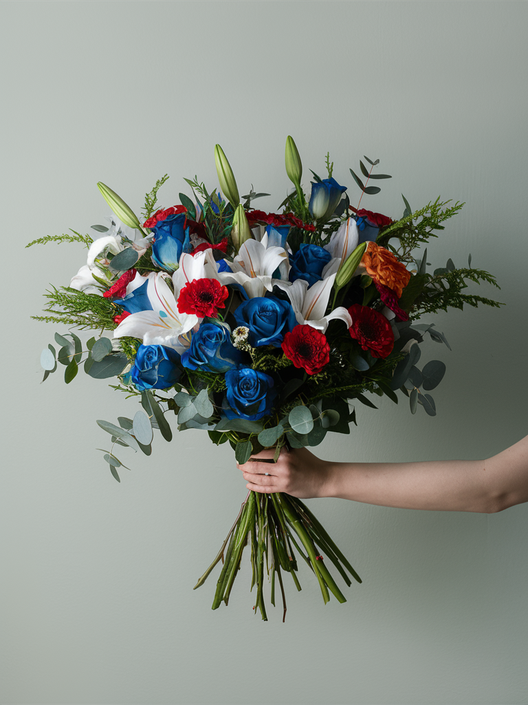 Striking Blue &amp; Red Mixed Flower Bouquet