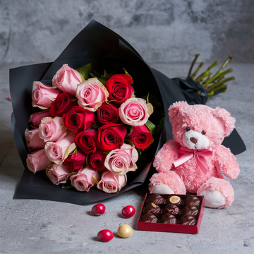 Sweetheart’s Delight: 12 Roses, Pink Teddy & Chocolates